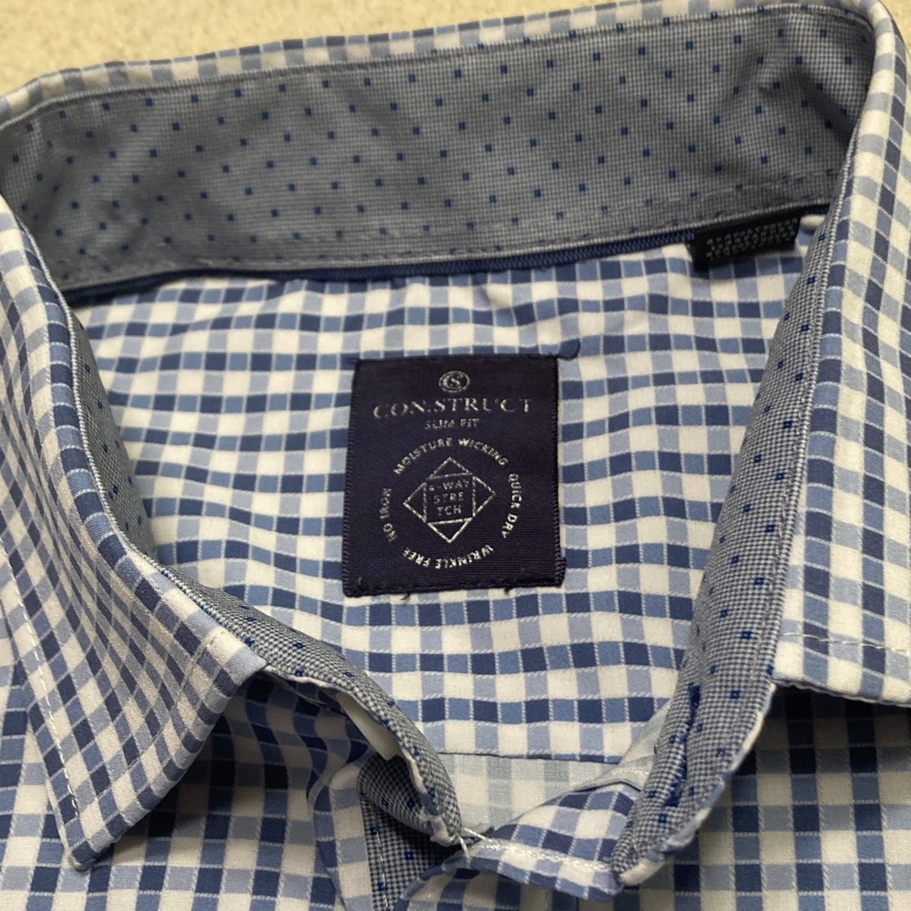 Construct Blue and White Gingham Mens Shirt Size 17/34-35 Slim Fit 4 Way Stretch - Picture 4 of 10
